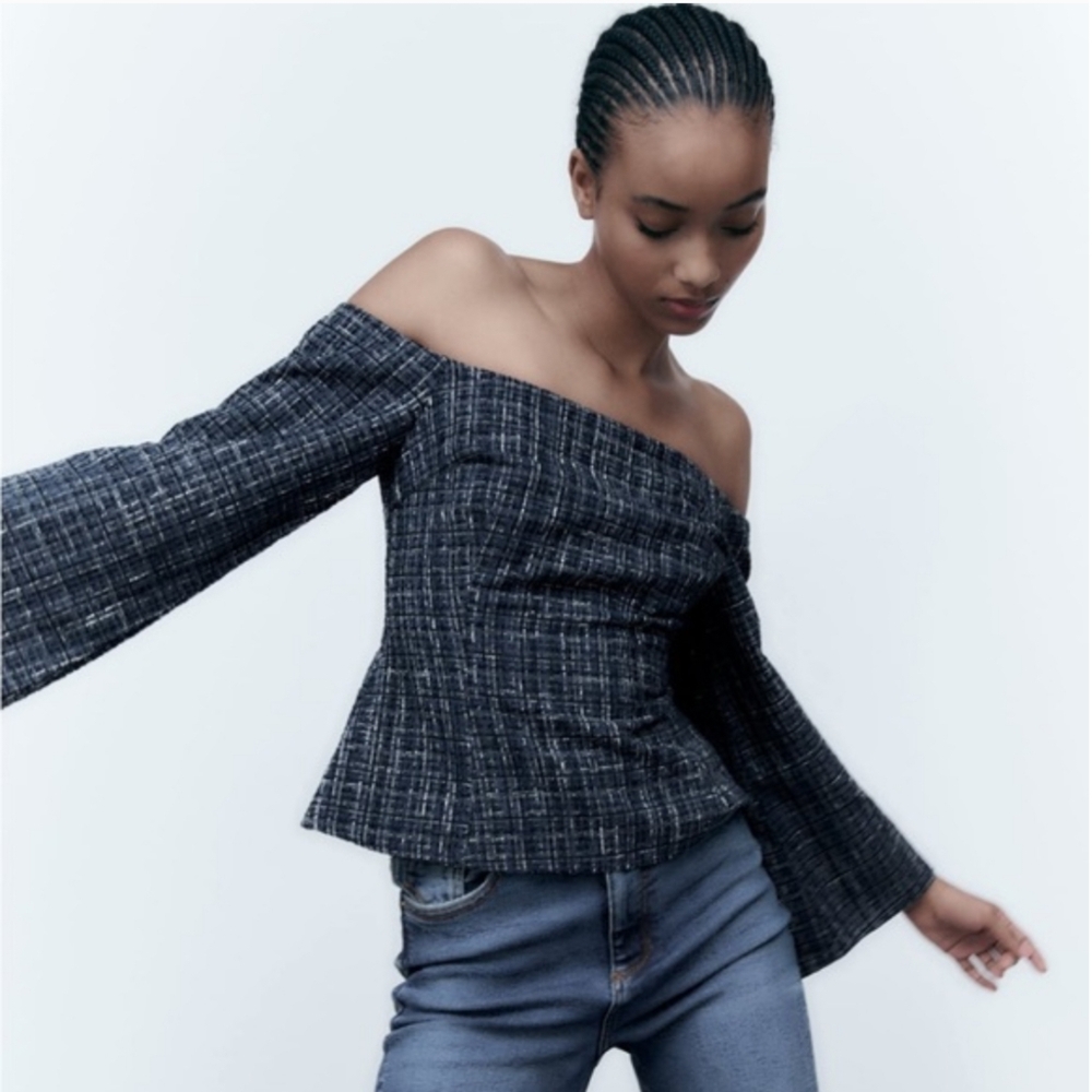 NWT ZARA Off The Shoulder Blue Tweed Plaid Top Women's Medium Textured Boho